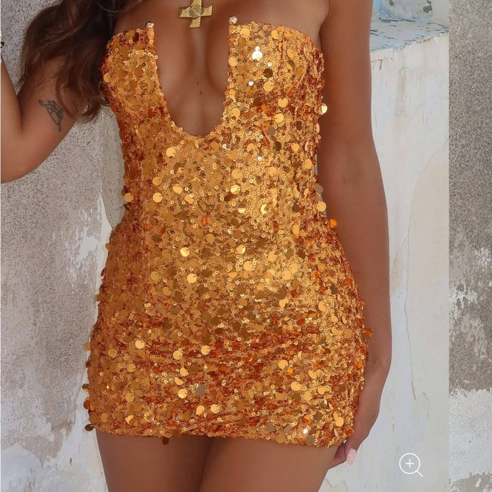 Gold Sequin Strapless Plunge Mini Dress